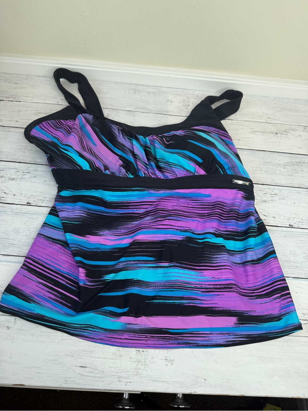 ZeroXposur Women's Black Swim Tankini with Purple & Teal Wave Stripes